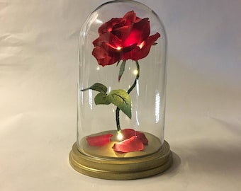 Beauty and the Beast Rose, Enchanted Rose, Rose in Glass Dome, Gold Base, Light Up Rose, LED Lights - 11"