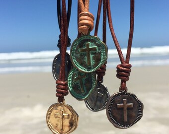 Father's Day Gift Cross Leather necklace Mens Cross Necklace Mens Coin Necklace knotted Leather Adjustable Necklace for him Gold Coin