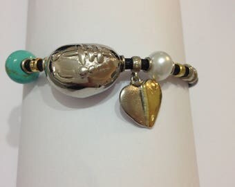 Leather Bracelet, Silver 925, 750 gold and turquoise stones and White Pearl