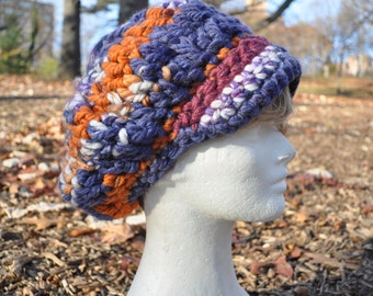 Purple and Orange Newsboy Hat - Crocheted Hat in Wool Acrylic Blend - Women's Hat with Brim - Chunky Knits - Winter Accessories - Winter Hat