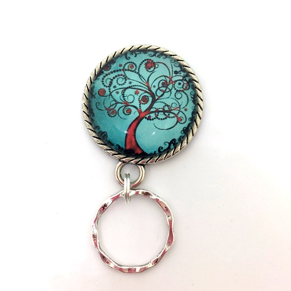 Magnetic Eyeglass Holder Red Tree of Life on Blue