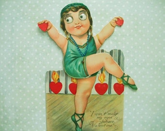 Large Vintage Unused Mechanical Valentine's Day Card Burlesque Dancer with Googley Eyes Germany