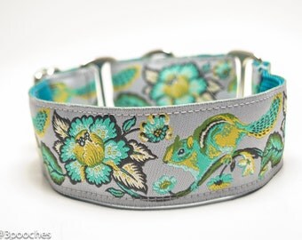 Chipmunk Gray and Lime Dog Collar / 1.5 inch or 2 inch Wide Dog Collar / Martingale or Buckle / Floral Dog Collar