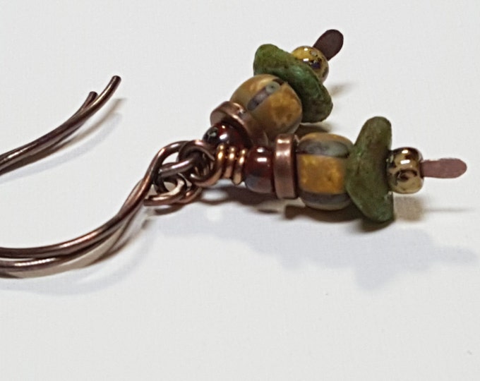 Mixed Rustic Czech Beaded Earrings,Picasso, Stone, Striped, Red, Tan, Green Czech Earrings, Oxidized Copper Small Light Woodland Earrings