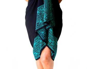 PLUS SIZE Sarong Batik Pareo Beach Sarong Womens Plus Size Clothing - Extra Long Black & Teal Sarong Dress or Skirt - Swimwear Plus Size