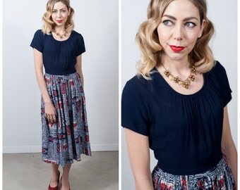 Vintage 1940's Printed Rayon Dress, 40's Red, Navy and White Rayon Dress Size X-Small/ Small