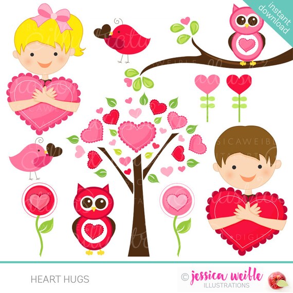 Heart Hugs Cute Valentine Graphics - Commercial Use OK - Kids Valentine Clipart, Valentine Clipart Il_570xn