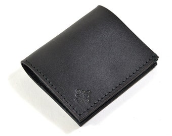 Black Bridle Leather Bi Fold Card Bill Wallet Handmade