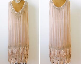 Vintage 1920s Rhinestones Beaded Silk Flapper Dress/Pastel pink color/Art Deco/Gatsby Style/Wedding dress