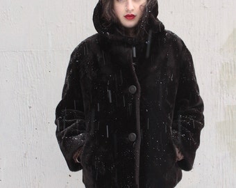 Vintage 1950s Coat // 50s 60s Dark Chocolate Brown Borg Faux Fur Jacket with Cord Buttons