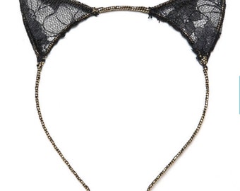 Ariana Grande Black Cat Ear Headband - lace cat ears - black cat kitty ears