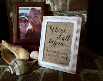 Burlap "Where It All Began" Coordinates Print Sign - Anniversary Gift - Wedding Burlap Decor - Personalized Home Decor on Burlap