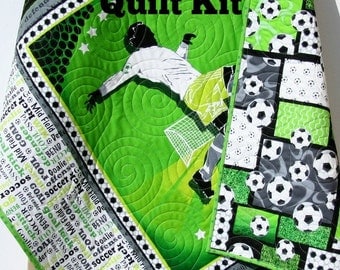 Soccer Quilt Kit Sports DIY Do It Yourself Project Fabric Soccer Boy or Girl Quilt Kit Craft Project Goal Kick Green Black Gray Soccer