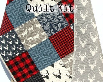 Quilt Kit Buffalo Plaid Rustic Woodland Bedding Crib Blanket Quilting Project Baby Quilt Kit Toddler Kit Patchwork Kit Deer Navy Red Black