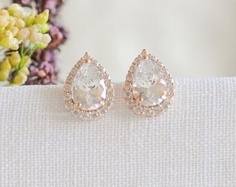 Rose Gold Bridal Earrings, Wedding Stud Earrings, Crystal Teardrop Halo Earrings, Gold, Silver, Bridal Wedding Jewelry, Bridesmaids, ANYA