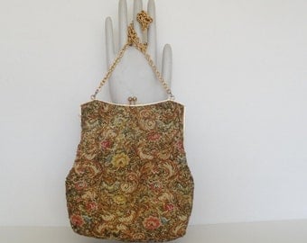 50s VINTAGE EVENING BAG|Great Gatsby Tapestry Evening Purse|Beaded and Tapestry Chain Purse|Vintage Handbags on Etsy|Cross body chain Purse