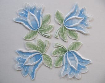 10 blue white green embroidered tulle flower appliques, vintage Swiss sew-on flower appliques, beautiful quality, vintage haberdashery