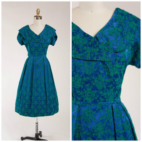 Vintage 1950s Dress Be Your Girl Blue Green Brocade 50s