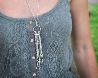 Long Bohemian Tassel Necklace, Silver Beaded Tassel, Silver Tassel Necklace, Long Silver Necklace