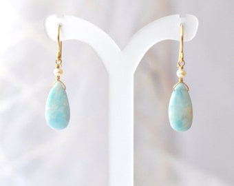 Larimar Earrings, Freshwater pearl earrings, Teal Blue stone Earrings, Larimar Gold earrings, Gift For Her,
