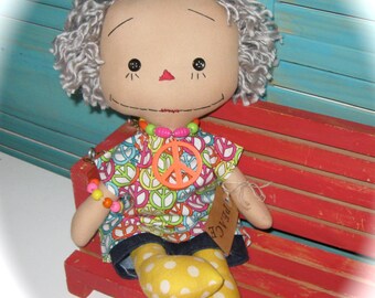 Raggedy Doll-Grey Hair Hippie-Retro-Nannie-Grandmother-Doll OOAK-Mother's Day Gift