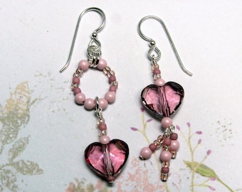 Antique Pink Heart Earrings, Rose Pearl Earrings, Swarovski Earrings, Valentine Earrings, Heart Earrings, Valentine Jewelry, Heart Jewelry