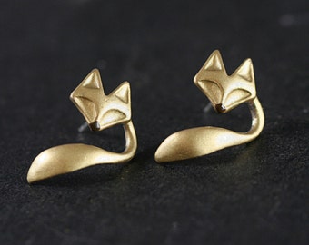 Hand gilded fox & tail stud earrings with sterling backs. Enamel nose. Faux ear jackets. Fox stud earrings for her.
