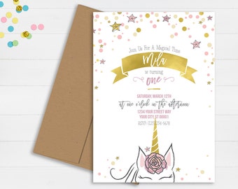 Unicorn Birthday Invitation // First Birthday Invitation // Magical Birthday Invitation // Stars Birthday Party Invitation