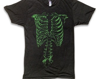Green Rib Cage T Shirt - American Apparel Tri-Blend Vintage Fashion - Graphic Tees for Men & Women - Skeleton, Goes To 11, Halloween,