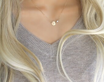 Gold initial necklace, solitaire cubic zirconia & Initial disc, 14Kt Gold Filled personalized custom stamped tag Monogram Letter circle