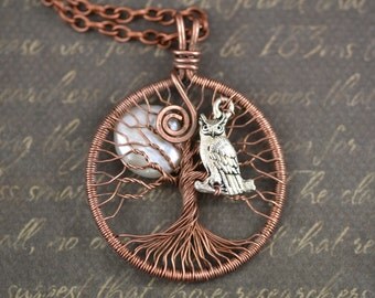 Owl Necklace Full Moon Tree-Of-Life Pendant Copper Wired Jewelry Night Owl Pendant Owl Jewelry Rustic Boho Unisex Jewelry Charm Necklace