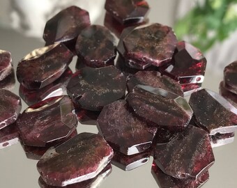 large faceted garnet nuggets flat center drilled lengthwise organic semi precious gemstone jewelry bead, 4 pcs