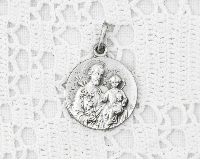 Antique Silver Plated Saint Joseph and Baby Jesus Medallion, Religious Jewelry, Catholic Pendant, Charm, Religion, Christian, Religious