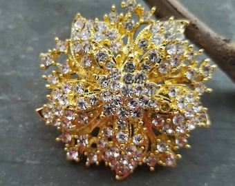 Gold Rhinestone Brooch Flat Back Embellishment Pin Clear Crystal Flower Broach Wedding Gold Tone Brooch Bouquet Sash DIY Supply Gold Pin gc2