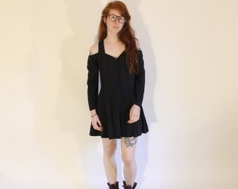 Vintage Off The Shoulder Romper 90s Black One Piece Jumper Little Black Dress Button Down Playsuit Simple Black Romper Dress 90s Jumpsuit