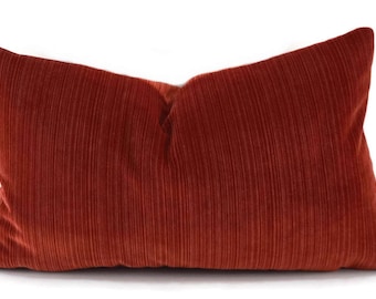 Striped Burnt Orange Velvet Lumbar Throw Pillow Cover, Tone on Tone Orange Stripe, 12x20
