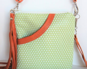 Spring green, polka dot, leather crossbody or shoulder bag. Small crossbody, mint green, spring handbag.