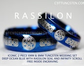 Tungsten Wedding Set 6MM & 8MM In Deep Ocean Blue With " Seal of Rassilon " And Infinity Scroll Design Free Inside Engraving