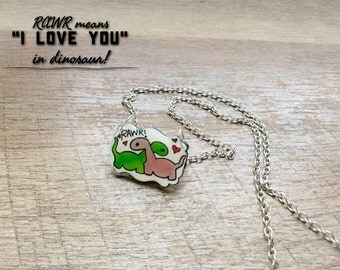 Boyfriend Girlfriend Necklace, Dinosaur Necklace,unisex necklace,Rawr means I Love You in dinosaur,cute charm necklace, shrinky dink jewelry