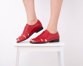 Red Sandals, Flat Leather Sandal Women's strappy Handmade shoes strips wide sandals free shipping New collection ADIKILAV On Sale 15% off