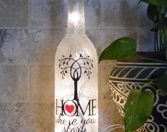 Home - Where Your Story Begins, Lighted Wine Bottle, Decorated Wine Bottle, Wife Gift, Gift for Mom, Girlfriend gift, Valentines Day Gift