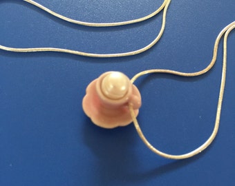 Pink teacup Necklace (freshwater pearl on top) - miniature teacup necklace - pearl necklace - teacup pendant