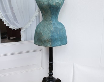 Antique French blue wasp waist mannequin from 1870, French blue victorian dress form