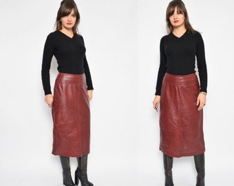 Vintage 90's Burgundy Real Leather Pencil Skirt / High Waist Genuine Leather Skirt - Size Small