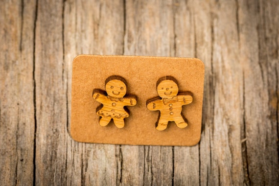 FREE SHIPPING WORLDWIDE - Bamboo Gingerbread Men Earrings - Surgical Steel - Studs - Gift Box - Handmade Bamboo Wood Earrings - Studs