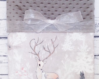 Personalized Minky Baby Blanket, Designer Minky Baby Blanket, Vintage Woodland Deer, Minky Baby Blanket