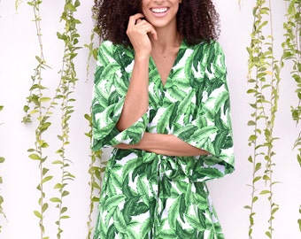 Pre-order August delivery - Bridesmaid Robe, Short Kimono Robe UN-LINED - Palm Leaf / Banana Leaf WHITE