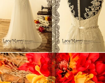 Boho Summer Wedding Dress with Airy Tulle Skirt, Floral Lace Appliqué, Illusion Sweetheart Neckline, Sheer Back with Buttons and Beaded Sash