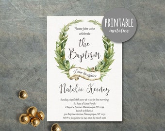 Printable Baptism Invitation, Girl Baptism Invitation, Christening Invitation Boy baptism Invitation, Greenery Baptism Invitation Botanical