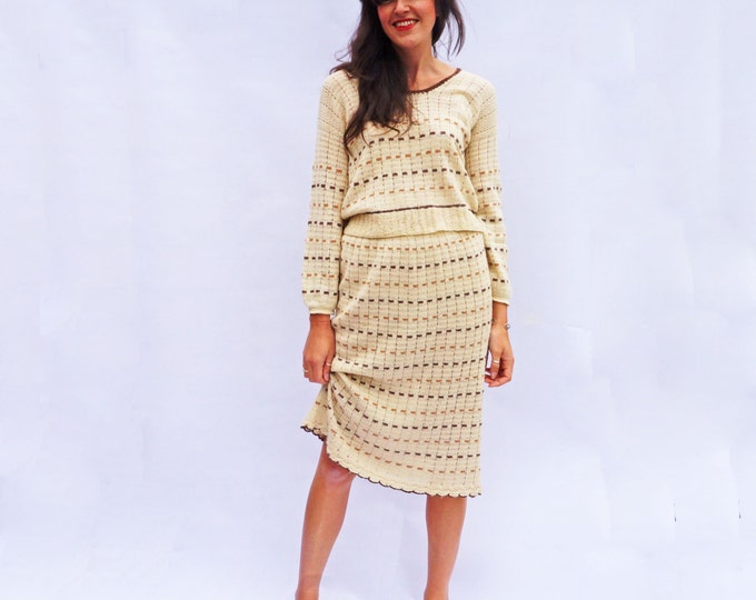 Slouchy Knitted Sweater, Vintage 70s Cream Knitted Skirt Sweater Co-Ord Two Piece Set, Striped Jumper, Oversized Sweater, Fun Fashion Tumblr